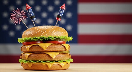 Celebratory burger adorned with patriotic rockets against American flag backdrop