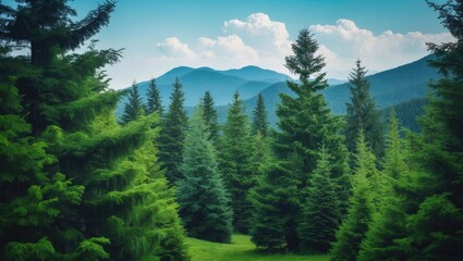 Obraz premium Elegant pine trees with majestic mountains in the background