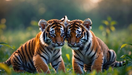 Two tiger cubs playing with each other