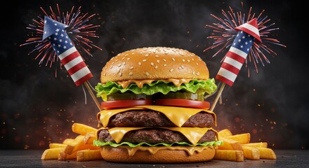 Celebratory Double Cheeseburger Feast with Patriotic Fireworks Display Image