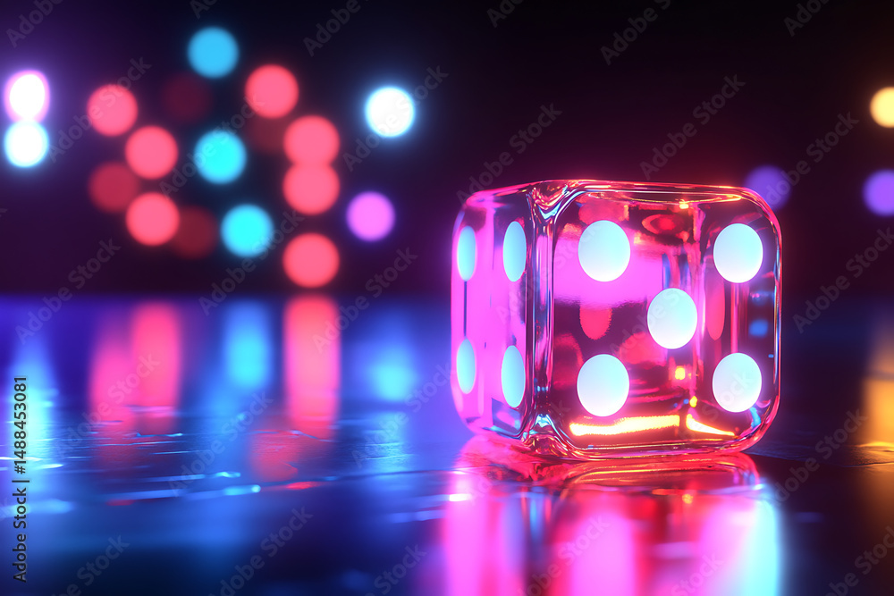 Poster a vibrant, illuminated glass die resting on a reflective surface with colorful bokeh lights in the b