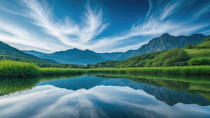 Mountain-surrounded small pond with greenery beneath a blue cloudy sky - ideal for wallpapers