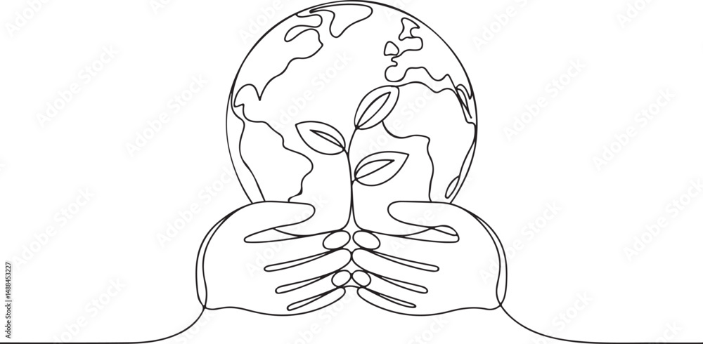 Poster continuous one line drawing of two hands holding a small sapling with earth outline in background, s