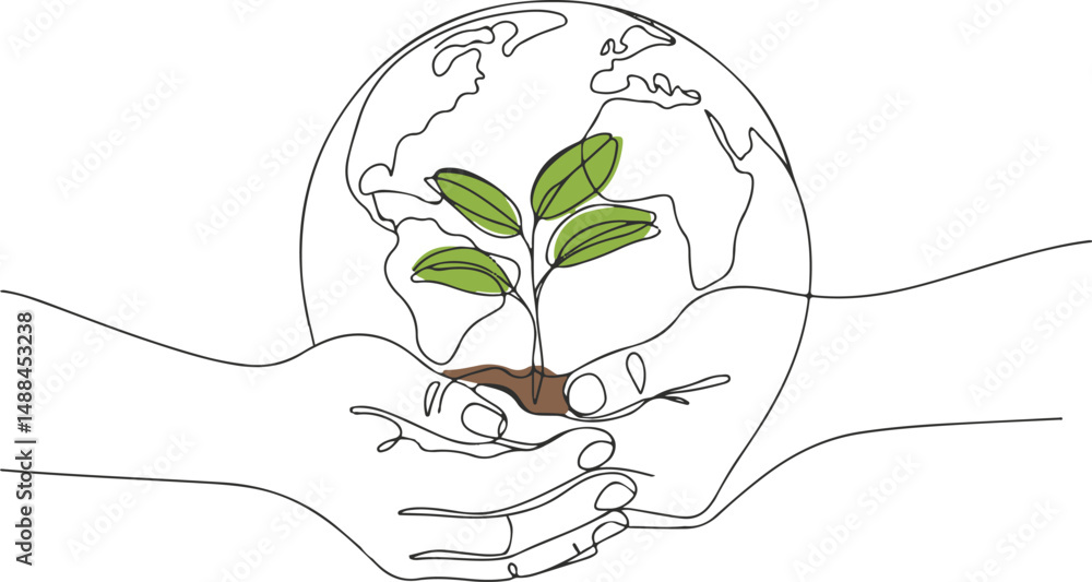 Poster continuous one line drawing of two hands holding a small sapling with earth outline in background, s