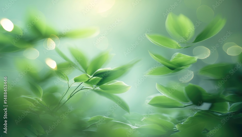 Poster abstract blurred leaf background in nature with sunlight and bokeh, featuring copy space for plants 