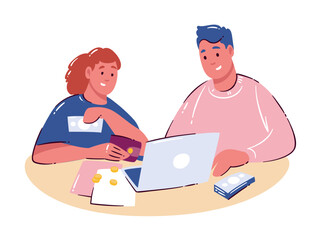 Man and woman sitting at table with laptop, money, and documents, working together on budget planning and managing expenses. Cartoon doodle style for finance of family. Vector illustration.