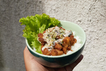 Delicious Fried Chicken With Rice and Lettuce Served in a Bowl Under Bright Sunlight