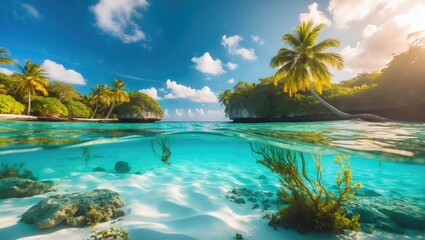 Underwater view of a turquoise beach in a tropical island paradise located in the ocean