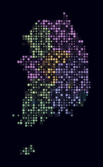 Republic of Korea, shape of the country built of colored cells. Digital style map of the Republic of Korea on a dark background. Small size rounded square blocks. Abstract vector illustration.
