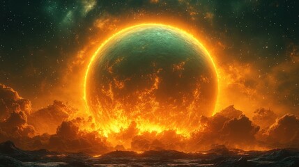 Obraz premium Fiery planet rising through clouds