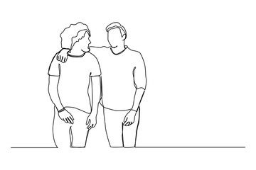 Continuous one line art of man supports a friend, a guy put his hand on a friend's shoulder.