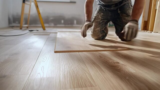 Installing Laminate Flooring: A diligent worker carefully lays down a piece of light brown laminate flooring.