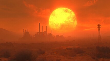 A hazy, reddish sunset dominates the sky behind a silhouetted industrial complex, situated in a desolate, arid landscape