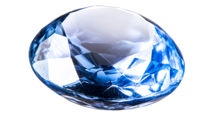 Close-up shot of a blue gemstone with many facets, cut out transparent