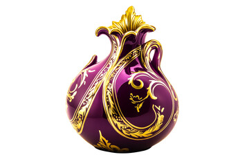 Aubergine vase with gilded floral design, cut out transparent
