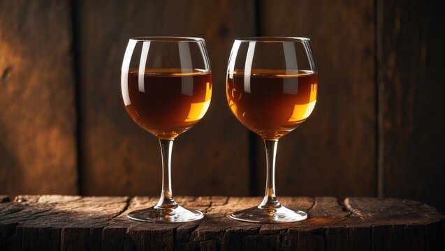 Celebratory scene with two spirituous glasses of sherry on a rural wooden surface