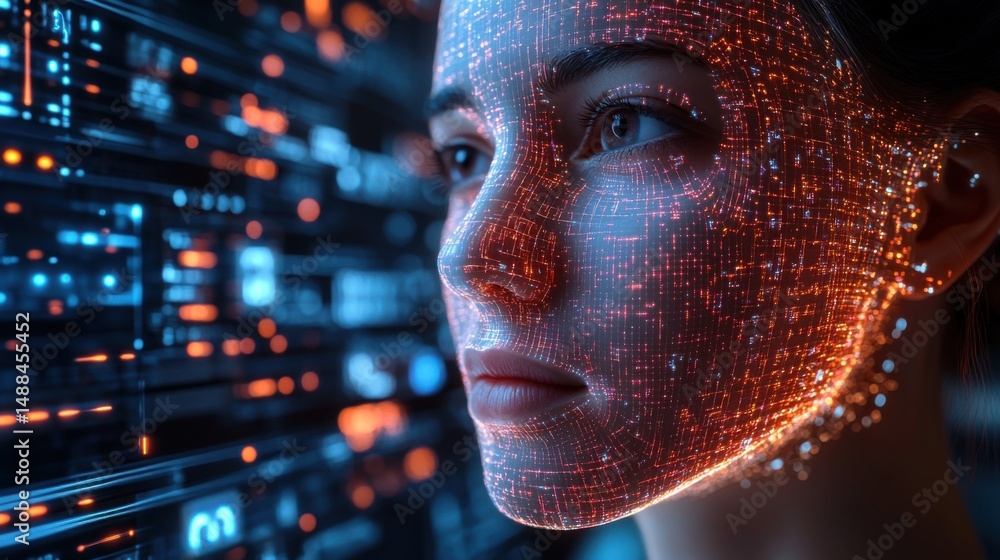 Poster a woman gazes thoughtfully as intricate data patterns illuminate her face in a digital space filled 