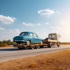 Fototapeta premium Vintage car being transported on a trailer by a classic truck on a scenic highway under a clear blue sky with wispy clouds and rolling hills in the background.