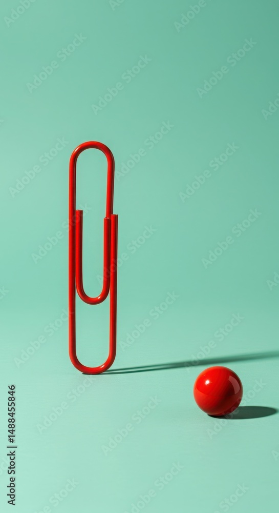 Poster red paperclip standing upright beside a glossy red ball on a soft green background, creating a playf