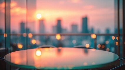 Hotel balcony view of a rooftop party with a blurred city backdrop and a romantic dinner setting at a restaurant bar bathed in golden light