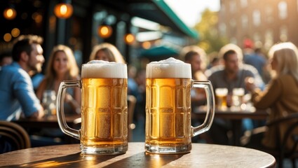 Two glasses of bubbly hard apple cider on a table at an al fresco eatery, blurred patrons in the background