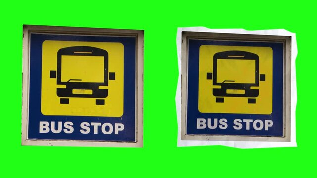 bus stop animation, bus stop sign on crumple paper motion, trendy collage art element on green screen, 4K animation