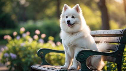 White canine sitting on a bench in the park