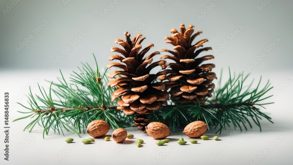 Poster close-up view of isolated cones along with branches and nuts