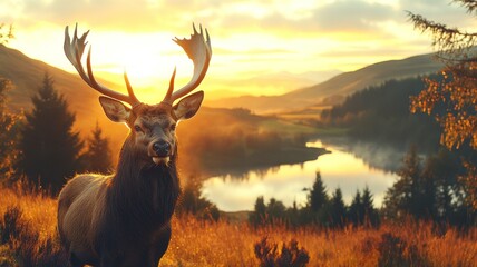 Fototapeta premium Nature-inspired Wildlife Portrait Majestic Stag at Sunrise Over Serene Landscape with River and Misty Mountains in the Background