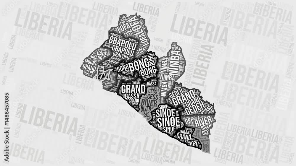 Poster liberia animation. visual effect of liberia regions appearing in black and white word clouds style. 