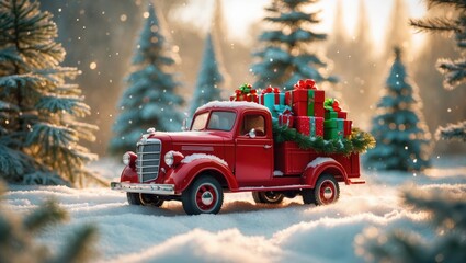 Old-fashioned red truck loaded with gift boxes driving through a snowy rural scene with Christmas trees