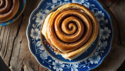 Fototapeta premium newly baked cinnamon roll on a retro dish