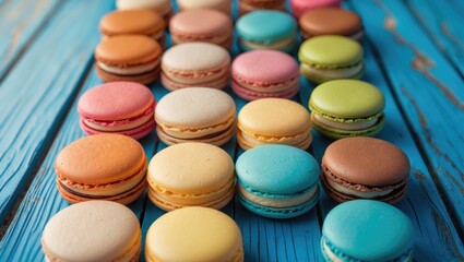 Obraz premium Sweet and brightly colored macaroons set against a blue wooden background