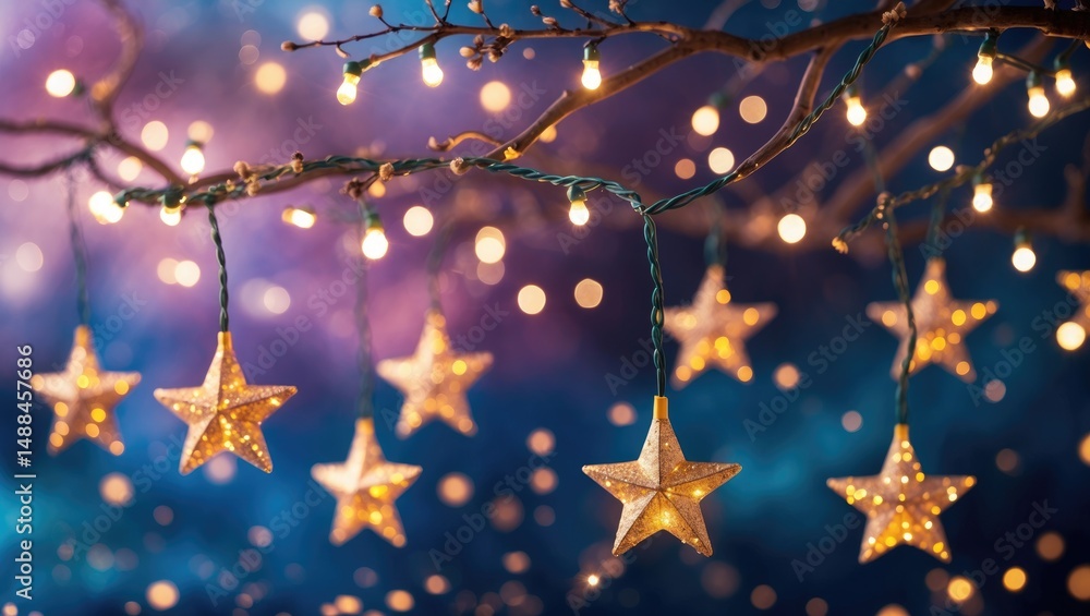 Aufkleber holiday lights - star strings draped over branches in blurred abstract background