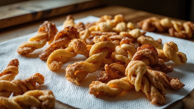 Traditional fried angel wings with sugar and powdered coating on paper towel, vintage background