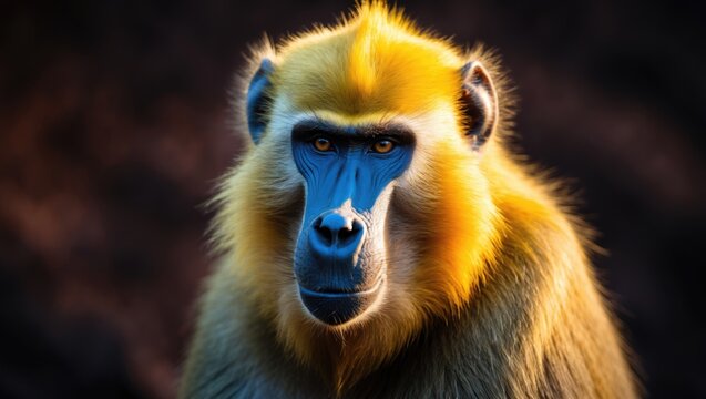 A stunning baboon featuring vibrant yellow fur and a blue nose against a dark backdrop.