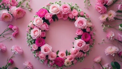 Composition of flowers. Floral wreath against a backdrop. Flat lay, overhead view, empty space