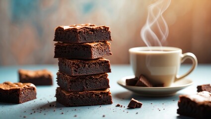 Freshly baked homemade fudgy brownies stacked with a cup of coffee