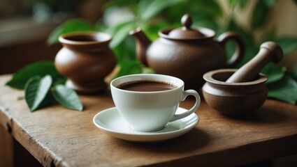 A mug of coffee on a timber table