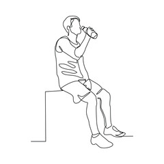 Continuous line drawing of sporty man drink energy water from bottle. One single sketch art concept of healthy life style. Vector illustration editable stroke