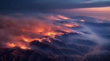 Aerial View of Wildfire Engulfing Mountain Range at Sunset