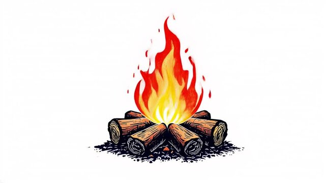Camping bonfire burning cartoon animation. Camp fire flat color cartoon 4K video, alpha channel. Campfire campground. Burning wood. Flames sparks firewood pile animated item on white background