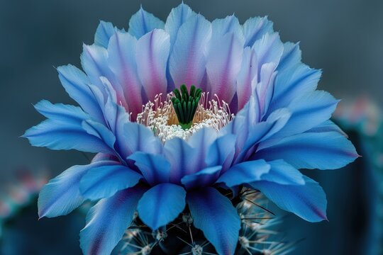 A captivating close-up of a cactus flower featuring blue petals and a unique green center.