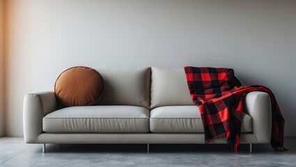 Mockup of living room interior wall featuring a sofa, round pillow, and plaid against a blank wall backdrop.