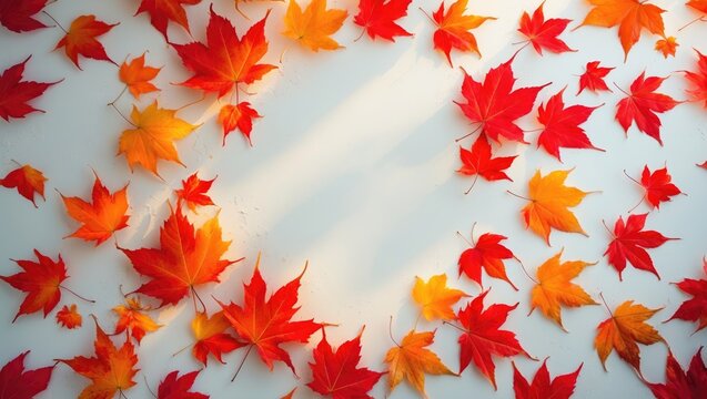 Brightly colored autumn leaves standing alone on a background