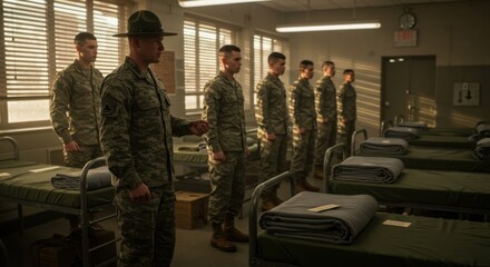 Military Drill Sergeant Addresses Recruits in Barracks