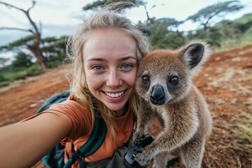 Young woman taking a selfie with a koala 
