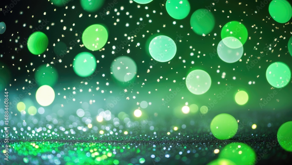 Poster green sparkling lights create a festive textured background. abstract twinkling bokeh and falling st