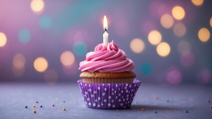 Cute pastel cupcake with ribbon and candle on table for happy birthday