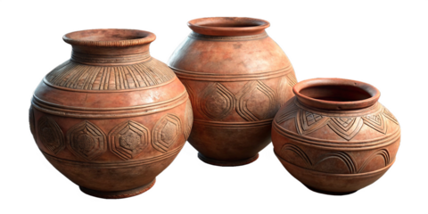 Three ornate terracotta pots african tribal art